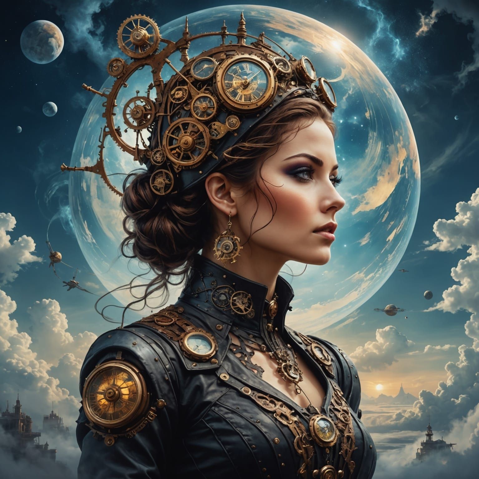 Steampunk Double Exposure Celestial Portrait Masterpiece