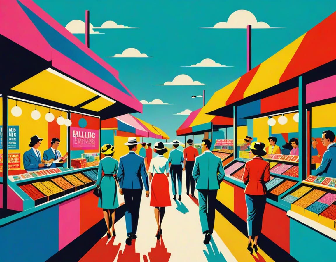 Vibrant Pop Art Serigraphy of Currency Marketplace