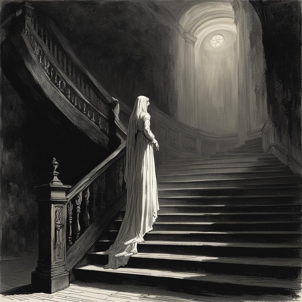 Ethereal Woman in Shadow by Staircase