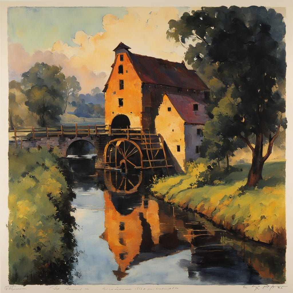 Impressionist Watermill Scene in Soft Evening Light