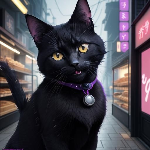 Jiji the Cat in Cyberpunk Bakery, Studio Ghibli Style