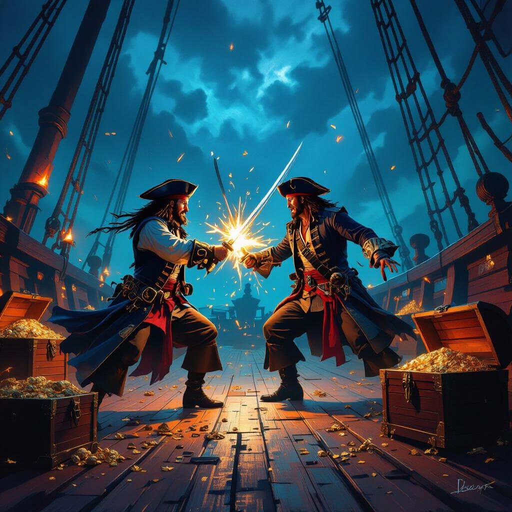 Jack Sparrow Battles Barbosa on Black Pearl for Treasure