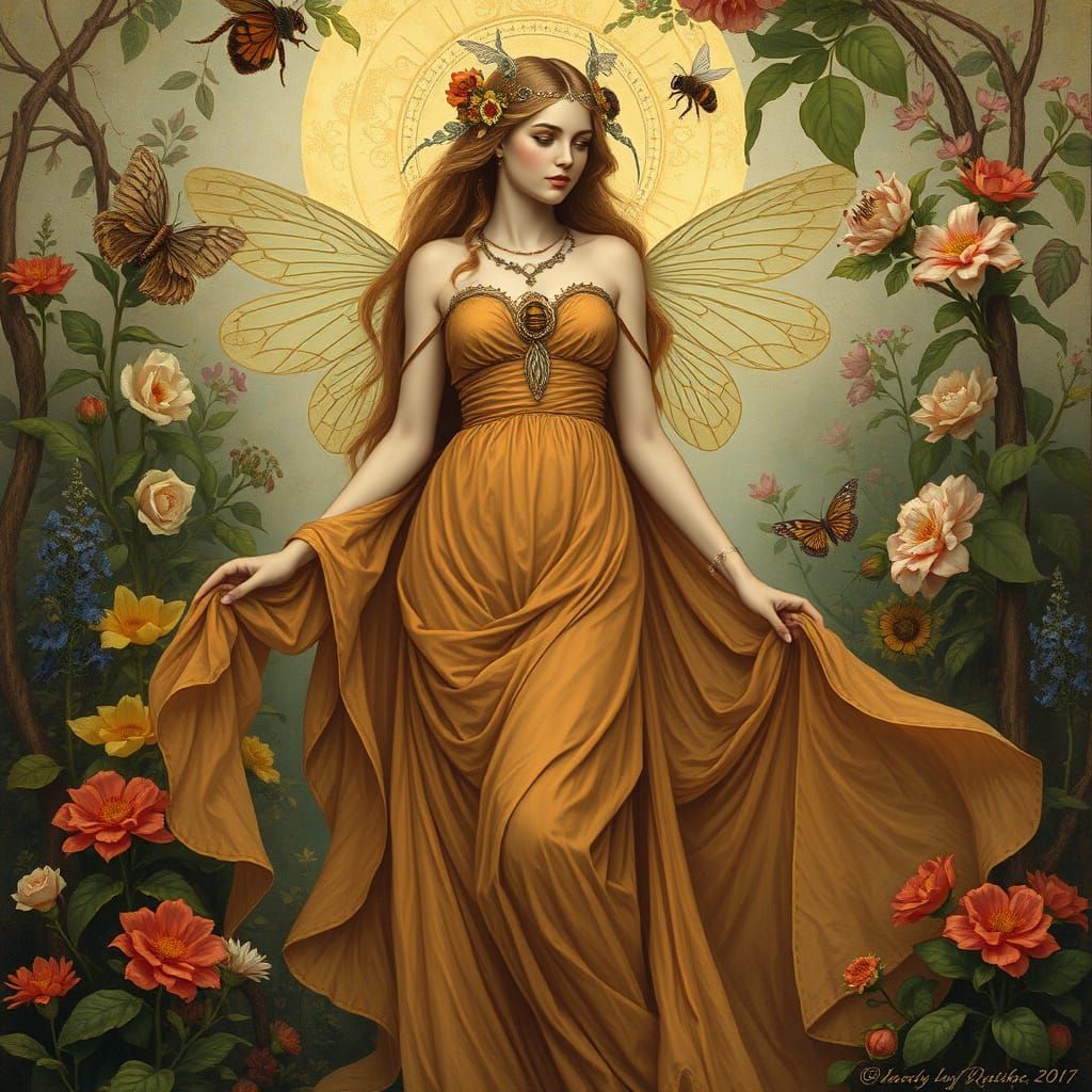 Austeja: Lithuanian Bee Goddess in Pre-Raphaelite Style