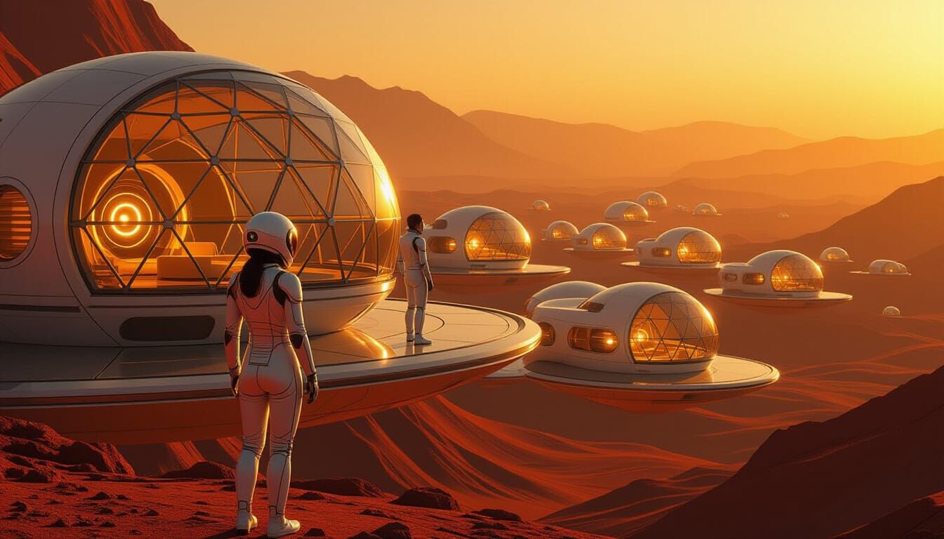 Futuristic Couple in Spacesuits at Spherical Apartment Compl...