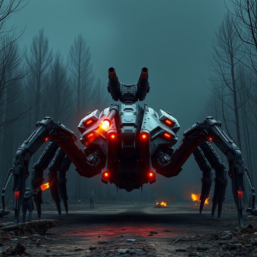Futuristic Spider Tank in Dystopian Forest