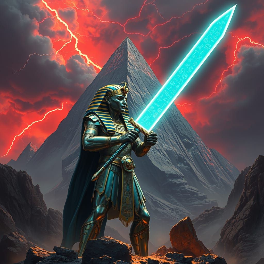 An ancient Egyptian pharaoh warrior adorned in a futuristic iridescent metallic armor