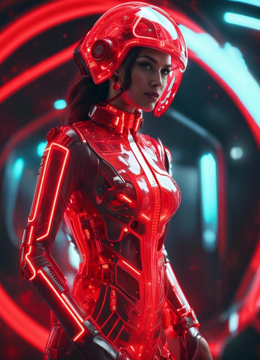 Brunette in Neon Circles: Futuristic Sci-Fi Scene
