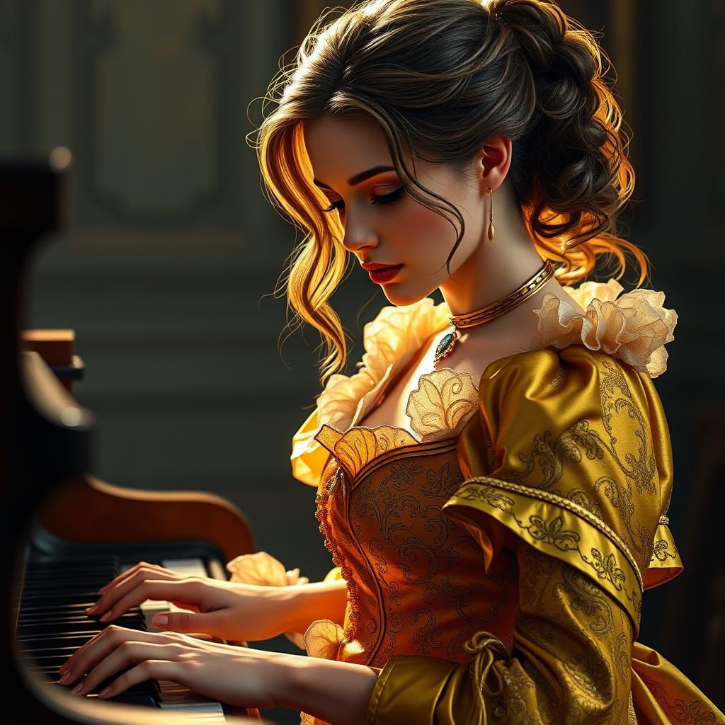 Goddess of Music at Piano, Art Nouveau Style