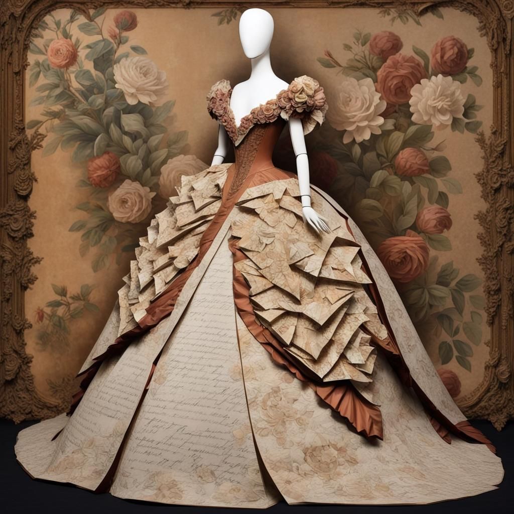 Museum Quality Fine Art Collage, (Victorian Ball Gown, 1:1) made of Paper, Collapsed Sleeves, Low Neckline, Elongated V-...