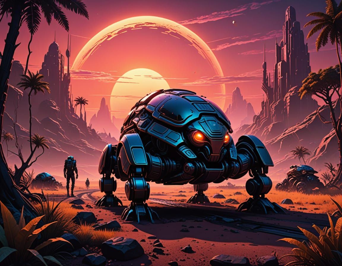 Surreal Biomechanical Space Beetles Walk Through Lush Martia...