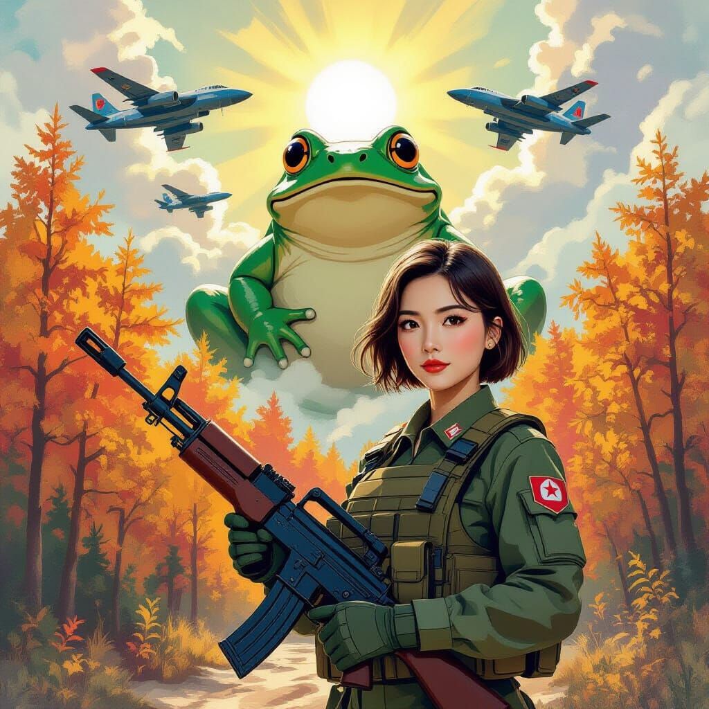 North Korean Soldier with Mechanical Frog in Autumn Forest
