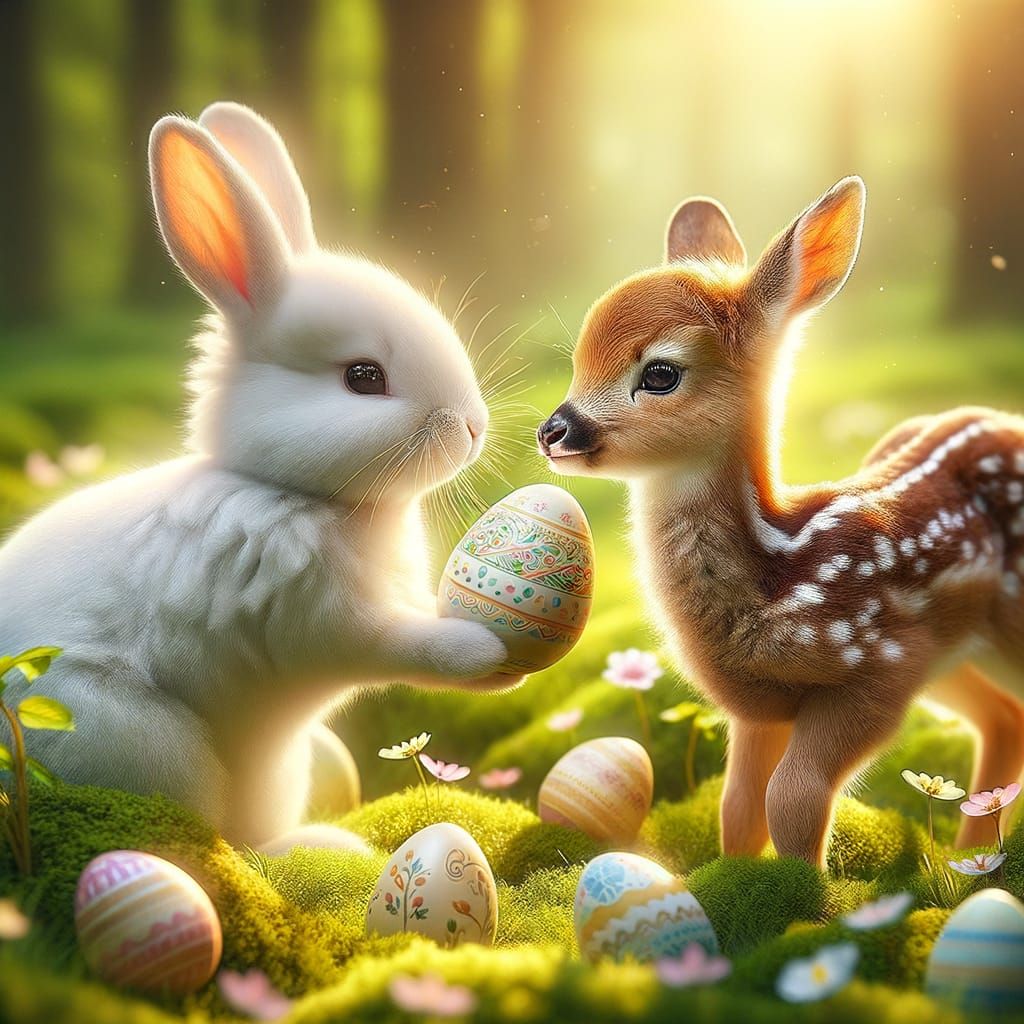 Whimsical Photorealistic Easter Scene with Bunny and Fawn