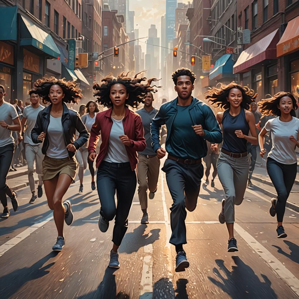 Diverse Group Runs in Bustling City: Digital Painting