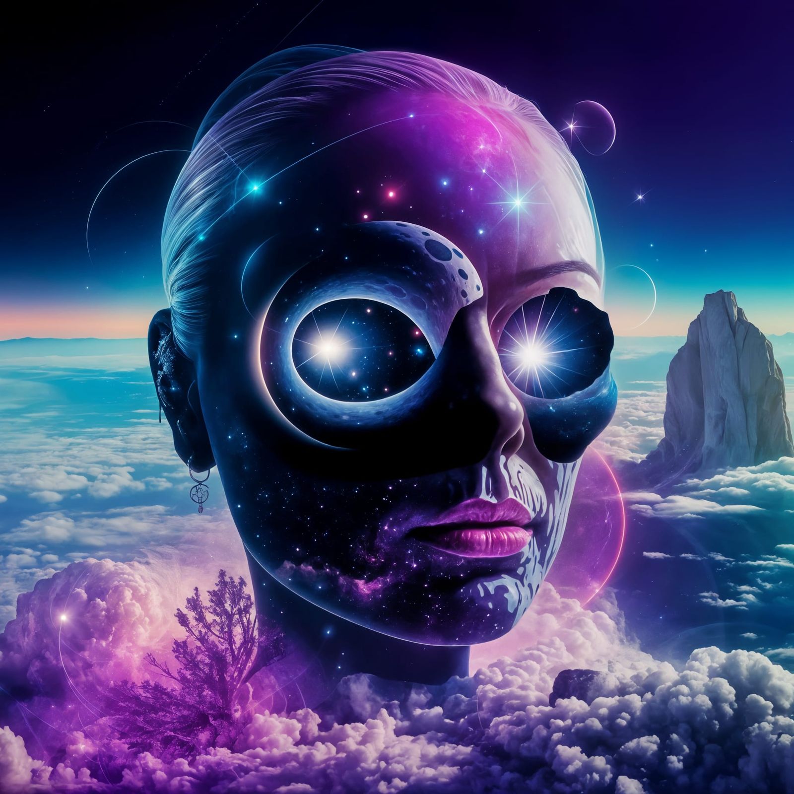Cosmic Double Exposure Portrait in Mixed Media Style