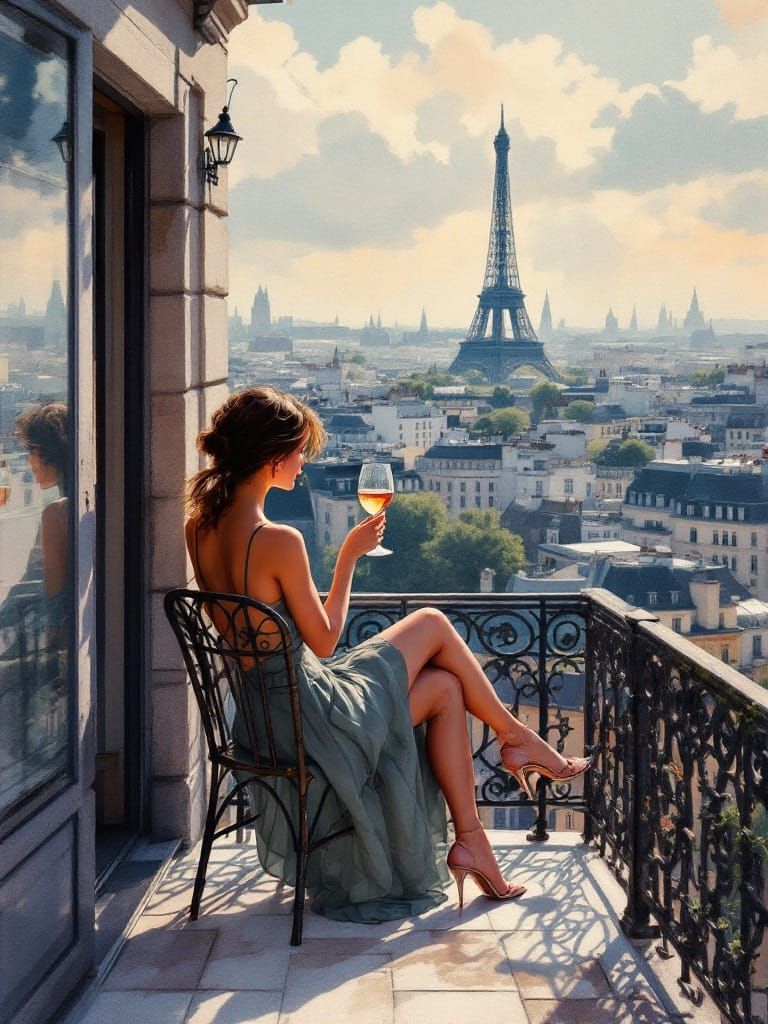 A French Woman Savoring Wine in Parisian Sunlight