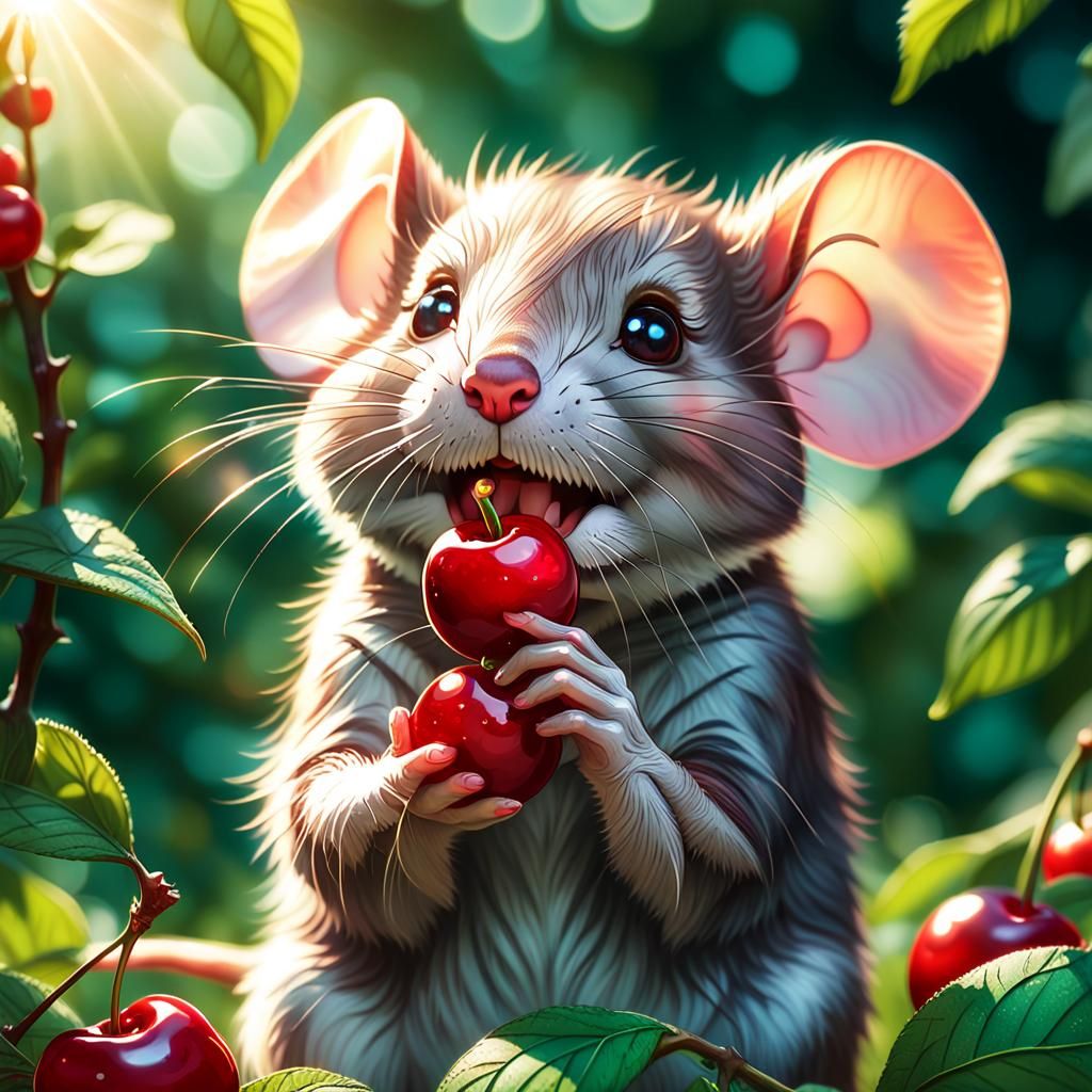 Mouse Eating Cherry in Lush Garden: Fantasy Art