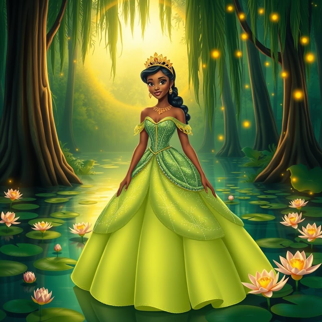 Elegant Disney Princess in Whimsical Bayou Setting