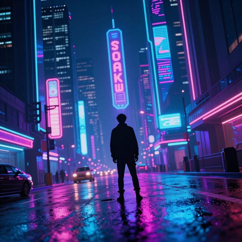 Cyberpunk Cityscape at Night with Neon Glow
