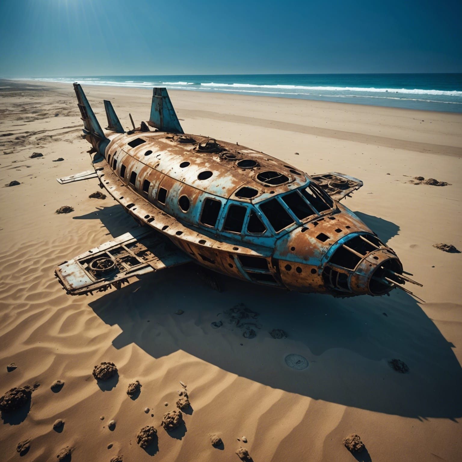Rusted Spaceship Wreckage on Ocean Floor in Photographic Sty...