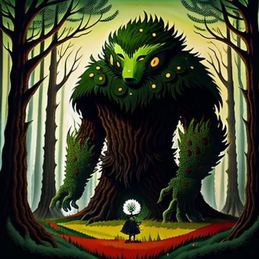 Giant Monster Hidden in Forest, Surreal Art Style