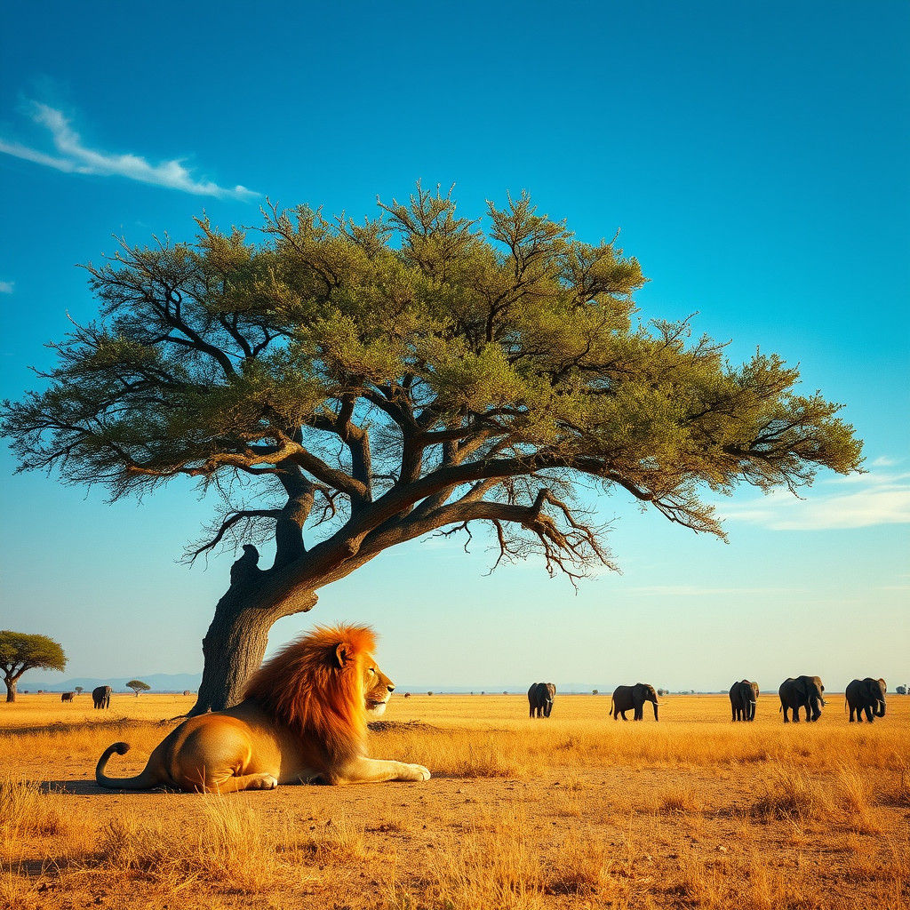African Lion and Elephants on the Savanna