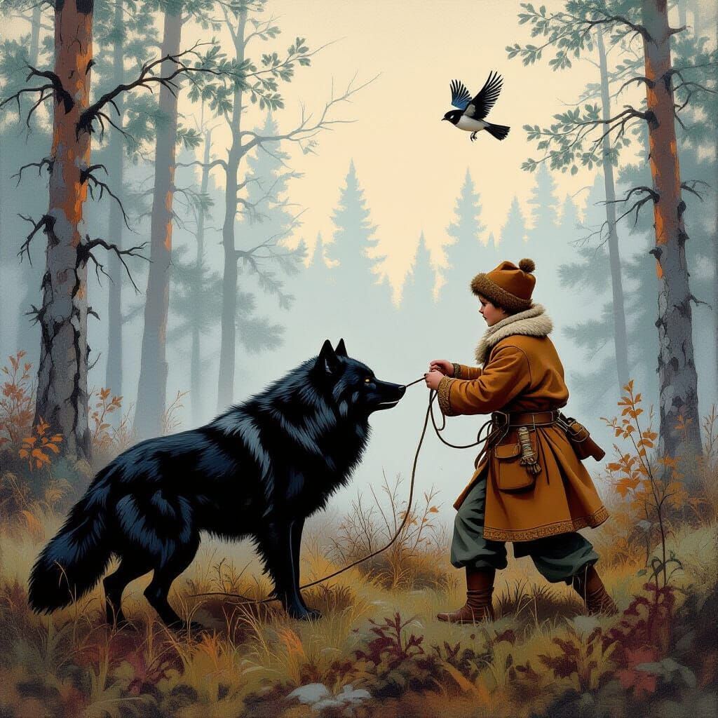 Boy Lassos Wolf in Misty Forest, Art Nouveau