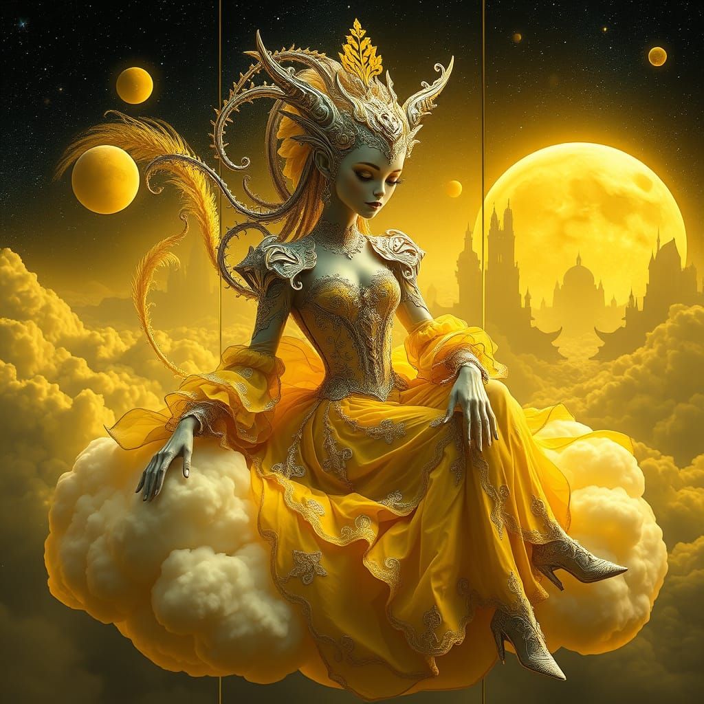 Ethereal Alien Goddess in Rococo-Inspired Yellow Galaxy