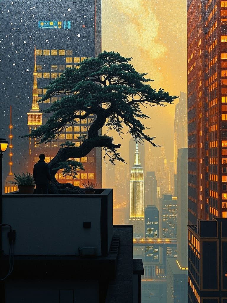 Contemplative Gardener in Futuristic Cityscape