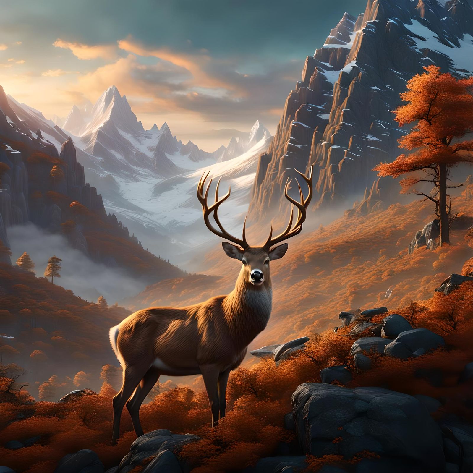 Deer and People in Mountain Landscape, Detailed Matte Painti...