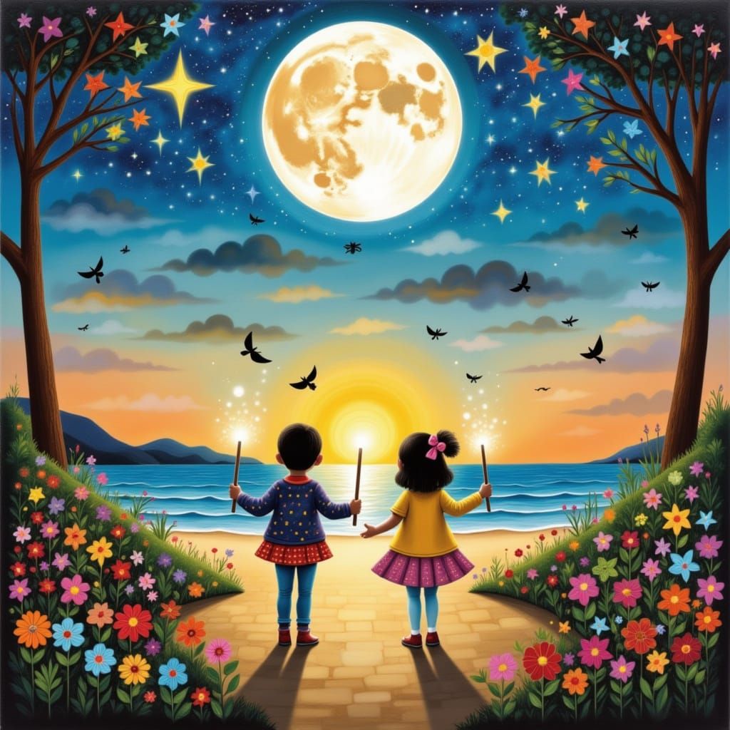 Magical Children in Japanese Park at Twilight