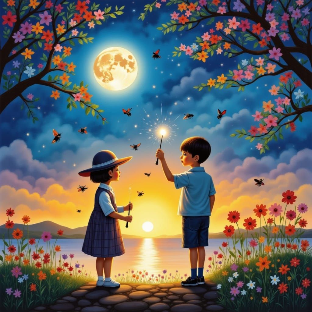 Magical Children Transform Japan Park at Sunset