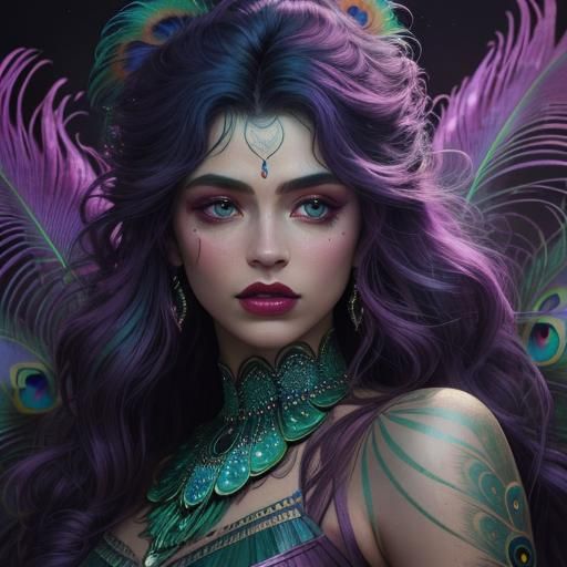 Watercolor Woman with Peacock Feathers, Cinematic Still