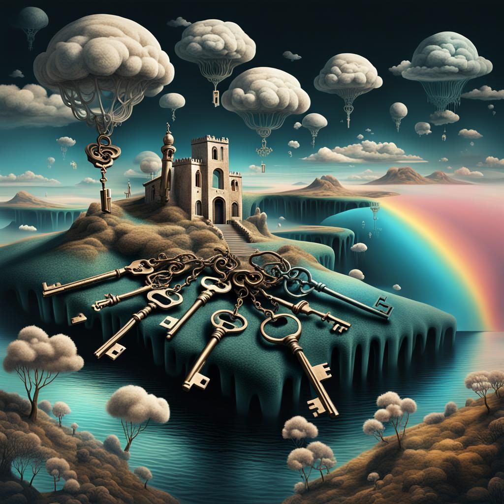 a surreal digital art piece depicting keys floating in a dre...