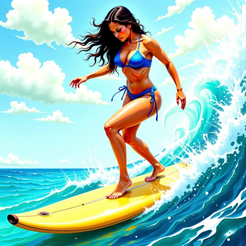 Female Surfer Rides Giant Banana Board in Cartoon Style