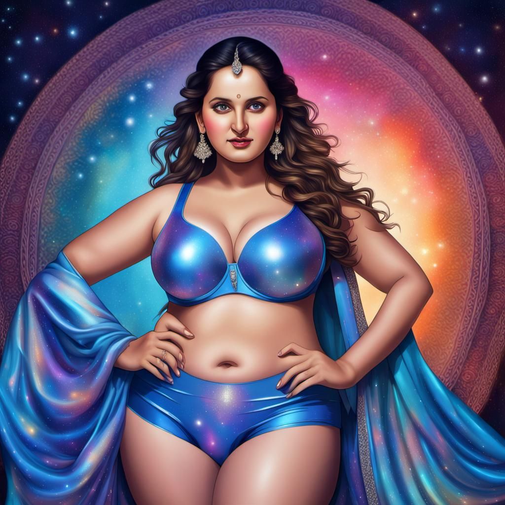 Curvy Woman in Satin Nightwear: Cosmic Illustration
