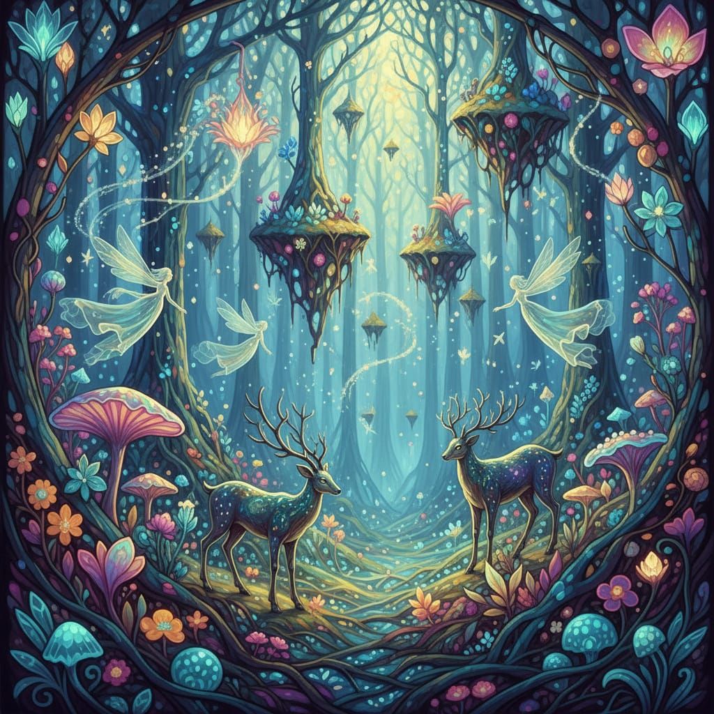 Bioluminescent Forest with Ethereal Creatures and Flora