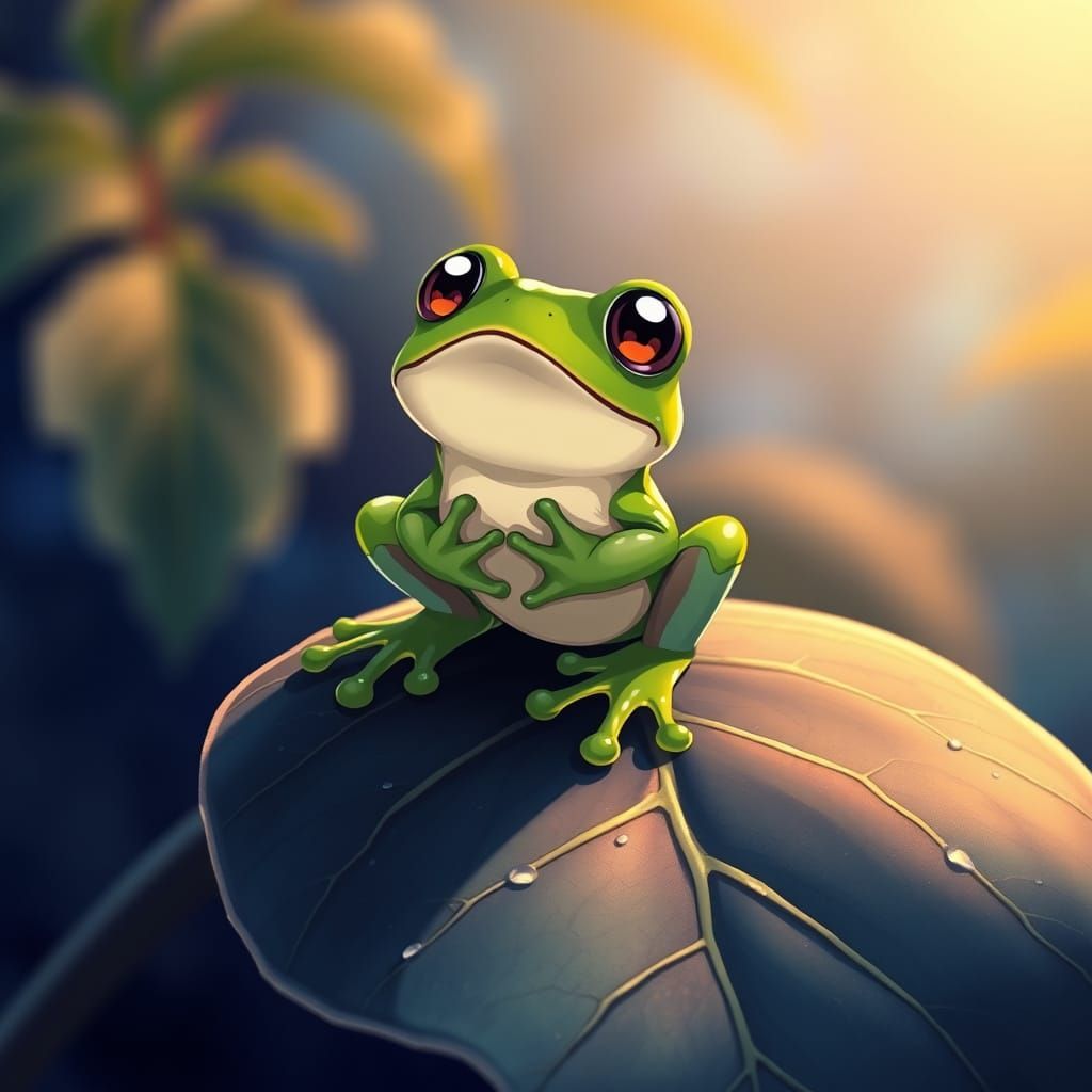 Surreal Frog Emotes Joy on Dewy Leaf in Studio Trigger-Inspi...