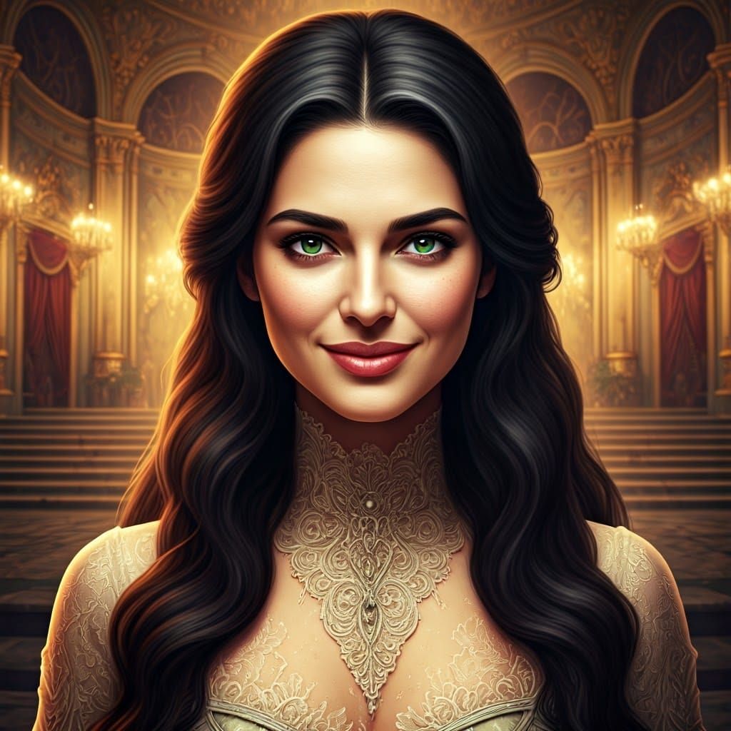 Regal Woman in Elegant Gown with Baroque-Inspired Background