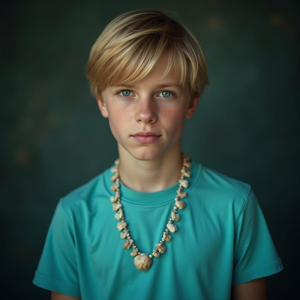 Teenage Boy in Aquamarine T-Shirt Wearing Shell Necklace