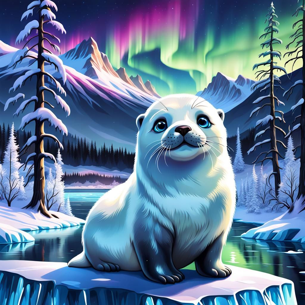 Cosmic Northern Lights Baby Seal in Hyperrealism
