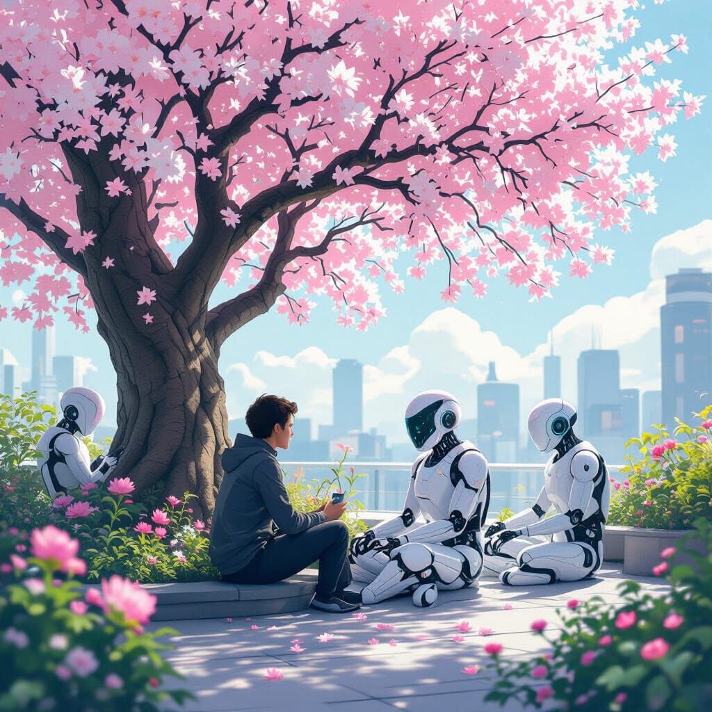 Human & AI Under Holographic Tree in Futuristic Garden