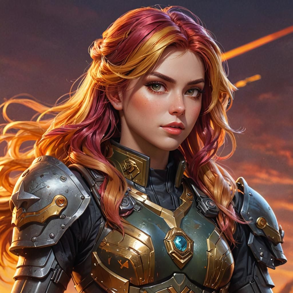 Sunset Shimmer in Armor: Hyperdetailed Digital Portrait