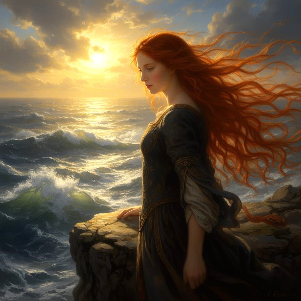 Medieval Woman on Cliff Overlooking Turbulent Sea