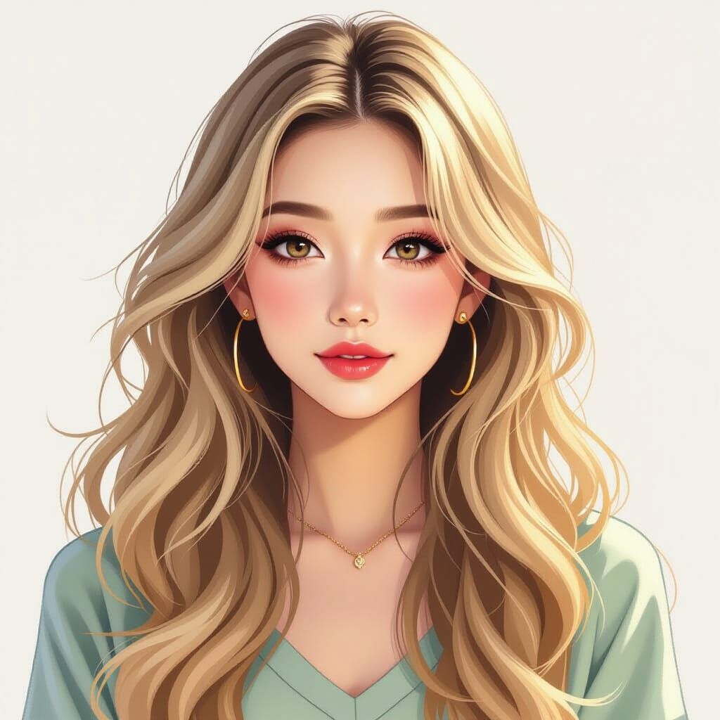 Asian Woman Portrait in Watercolour with Gyaru & Anime Style