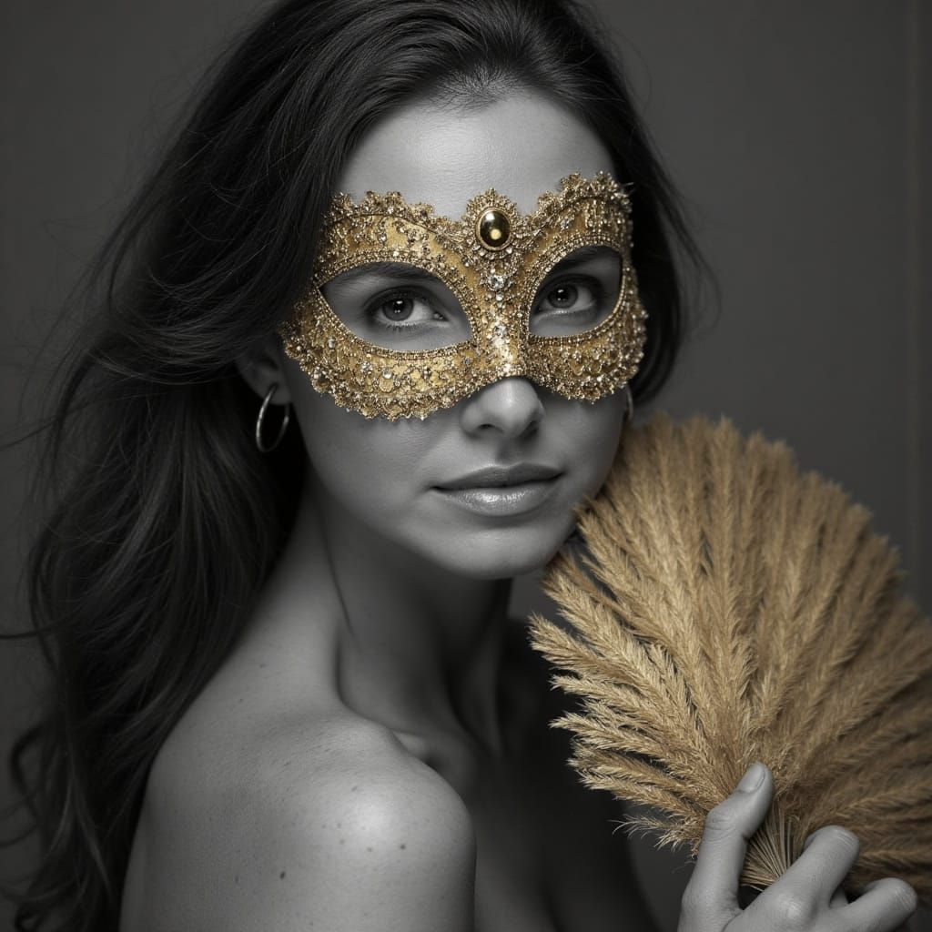 Woman with Golden Mask and Feather Fan
