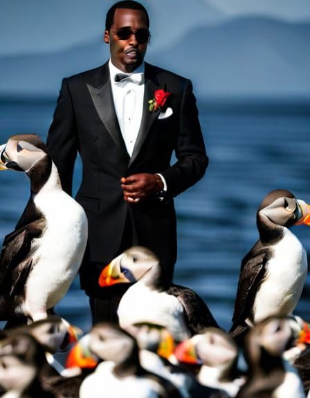 Puff Daddy Surrounded by Puffins: Humorous AI Art