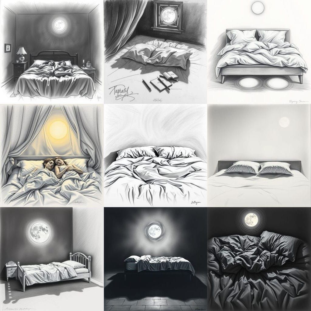 Whimsical Bed Scene in Charcoal Drawing Style
