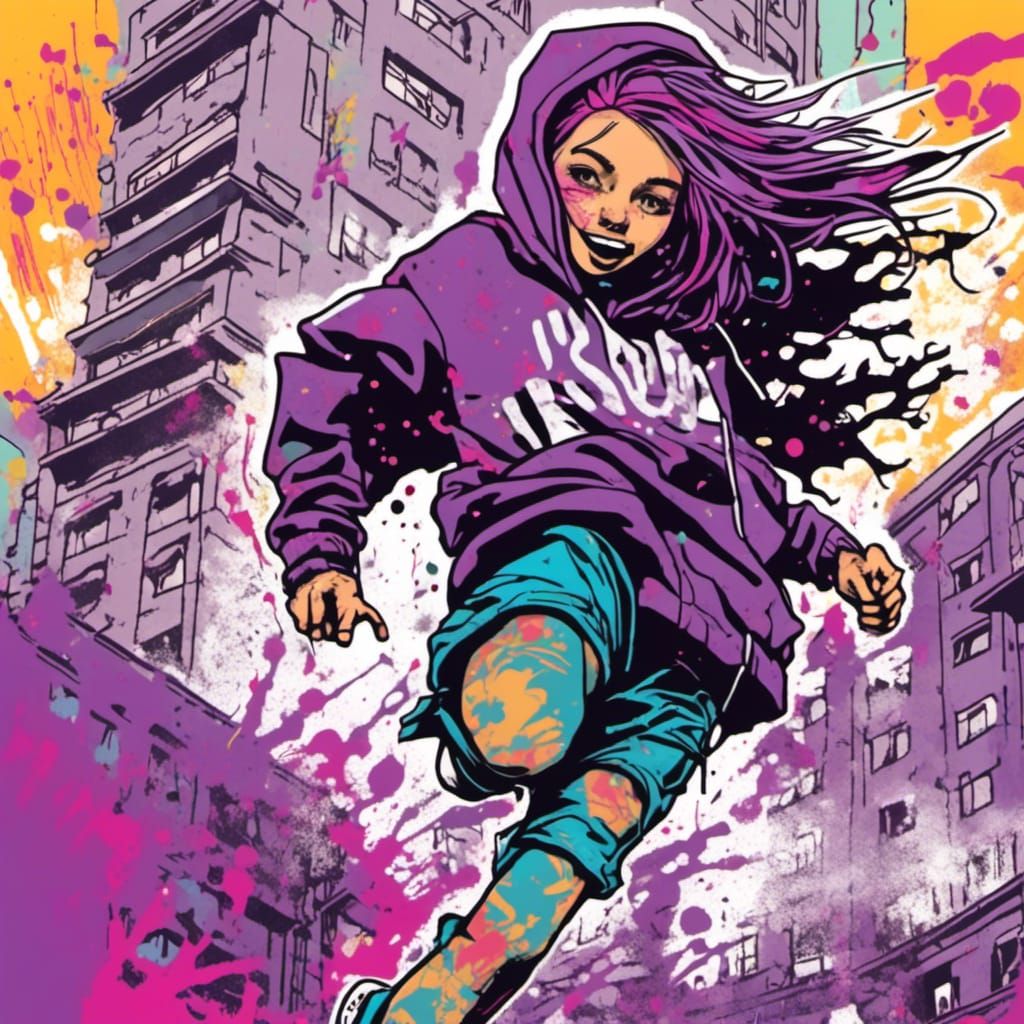 Woman Running Through City Street in Graffiti Style
