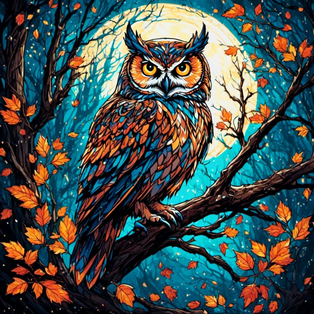 Colorful Owl on Branch in Detailed Forest