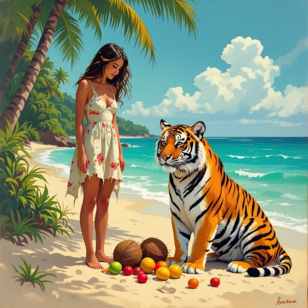 Tropical Island Foraging Scene in Naive Art Style